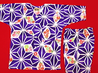 義若オリジナル　子供鯉口シャツ　ダボシャツ　麻の葉紋様に花（紫）